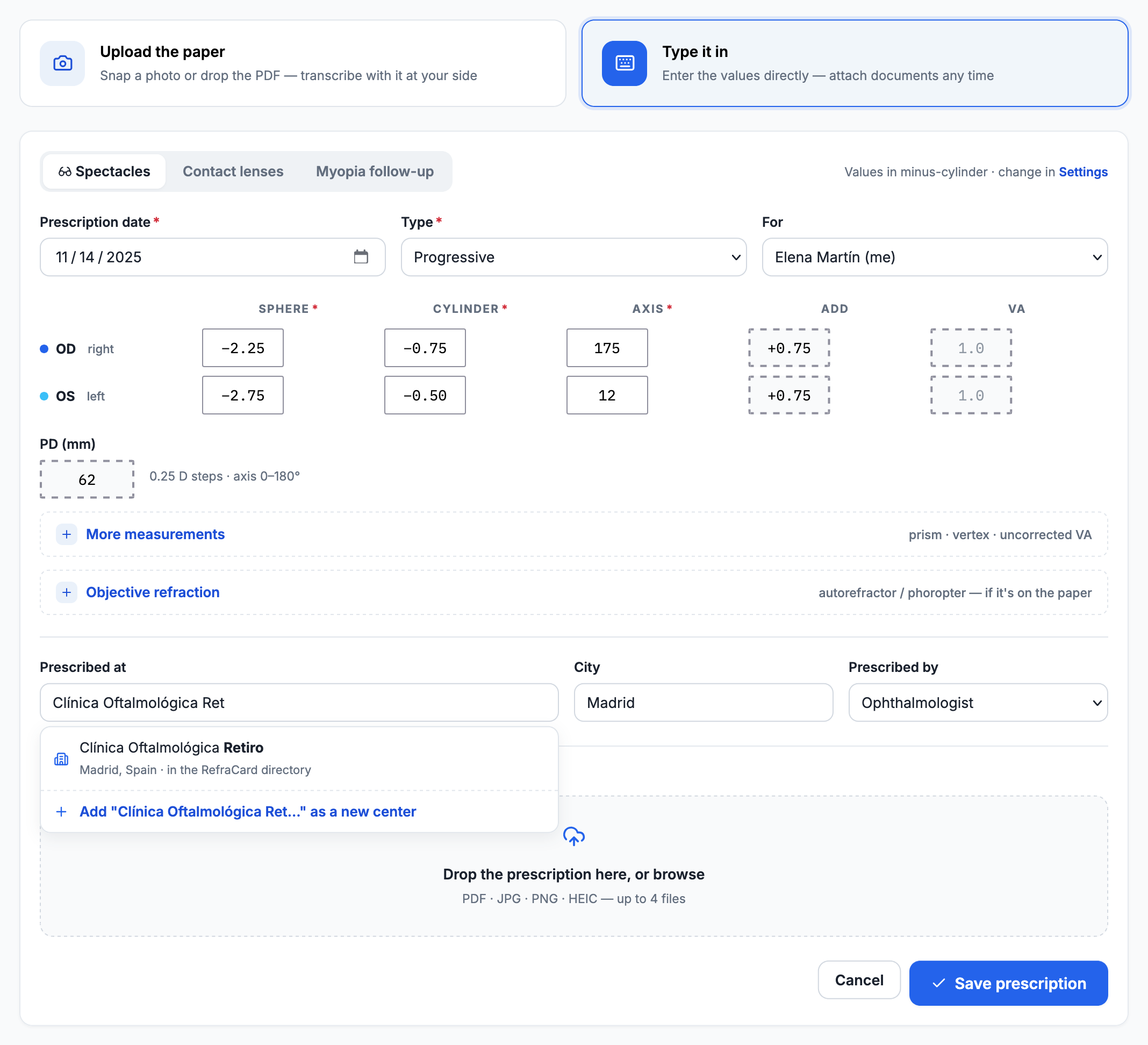 The RefraCard form for adding a prescription: two entry paths — upload the paper, or type it in — above a per-eye grid of sphere, cylinder, axis and add values