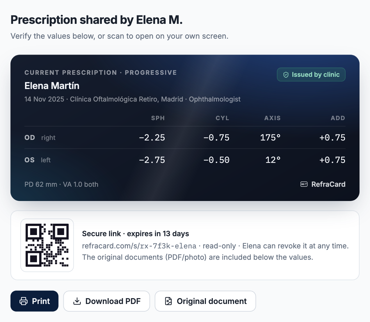 What the optician sees when a prescription is shared: the values for both eyes, a QR code, a secure read-only link that expires, and buttons to print or download the PDF