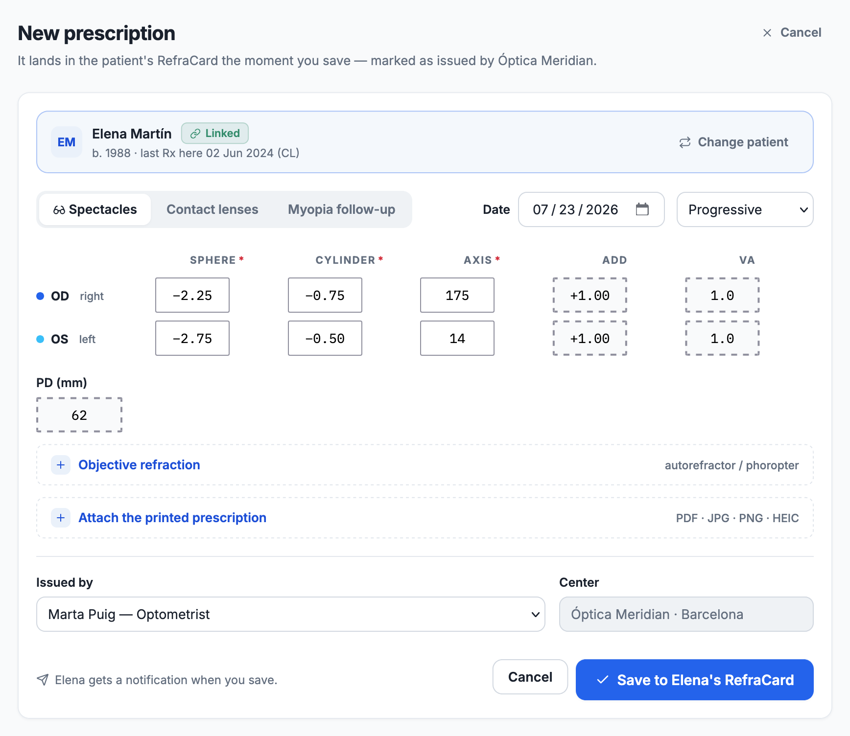 The RefraCard staff workspace issuing a new prescription: the patient is selected at the top, then the per-eye values, the issuing centre and the attached document